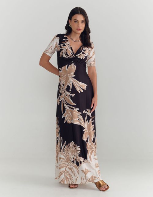 Vestido Longo Estampado Floral Noite - Preto