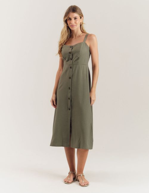 Vestido Midi Detalhe Botões - Verde Militar