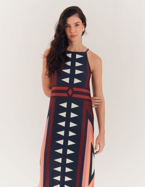 Vestido Longo Estampado Localizado - Azul Marinho