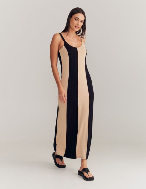 Vestido Longo Recortes Bicolor - Preto