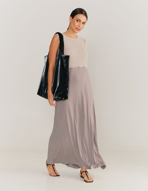 Vestido Stripe Decote Longo - Cinza