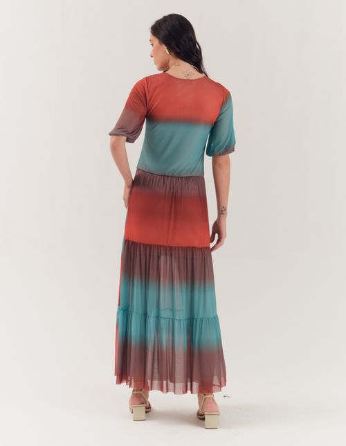 Vestido Longo Marias Estampado Degrade - Azul Turquesa