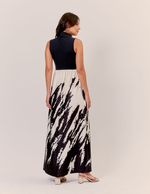 Vestido Longo Estampado Raji - Preto