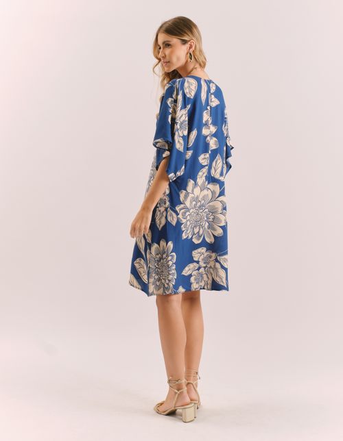 Vestido Curto Estampado Blue Flower - Off White