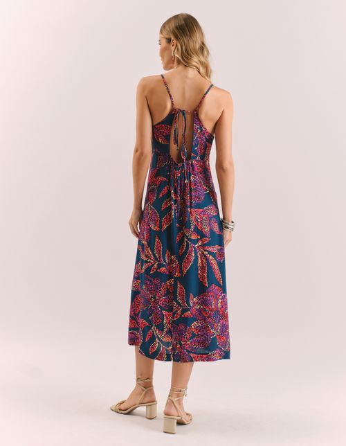 Vestido Midi Estampado Colour Flower - Azul Marinho