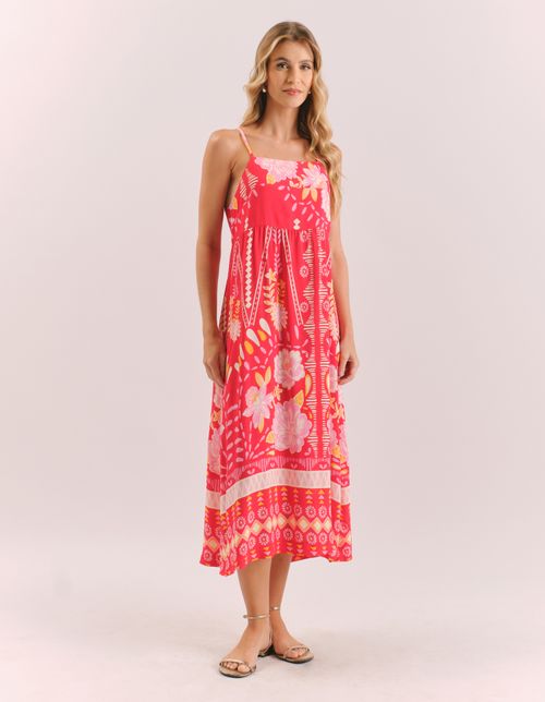 Vestido Midi Estampado Barrado Flower - Vermelho