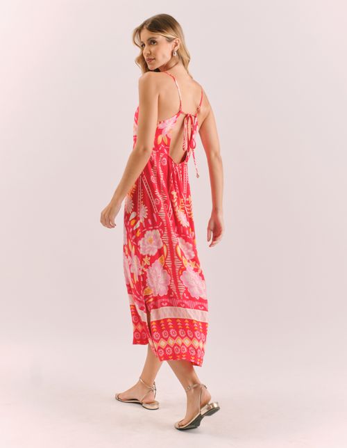 Vestido Midi Estampado Barrado Flower - Vermelho