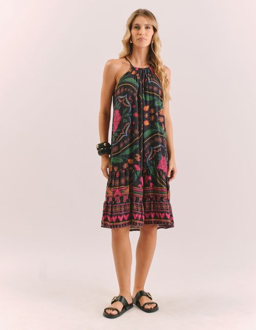 Vestido Curto Estampado Bordado Flower - Preto
