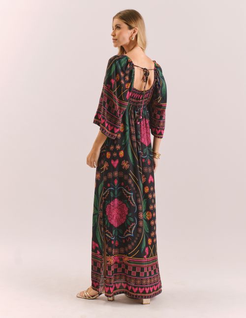 Vestido Longo Estampado Bordado Flower - Preto