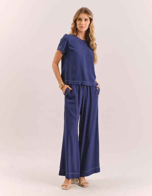 Calça Cós Elástico Com Amarração - Azul Marinho