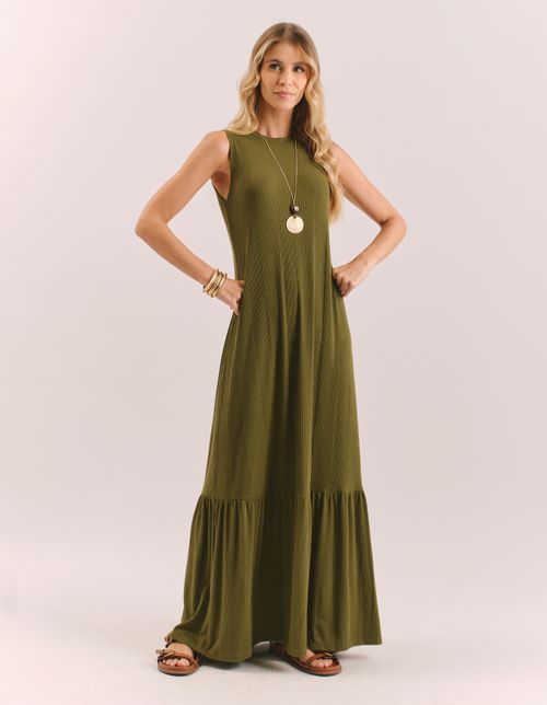 Vestido Longo Marias Decote Canoa - Verde Oliva