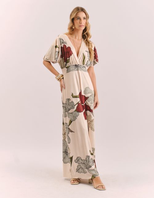 Vestido Longo Estampado Floral Secreto - Areia