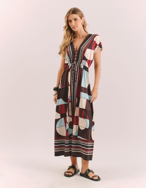 Vestido New Longo Estampado Lenço Milene - Vinho