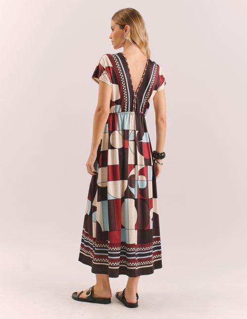 Vestido New Longo Estampado Lenço Milene - Vinho