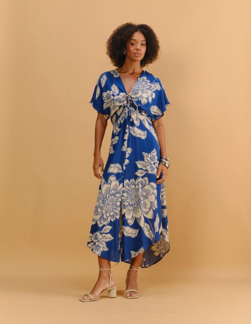 Vestido Midi Fenda Estampado Blue Flower - Off White