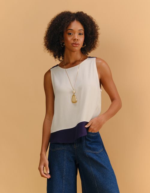 Blusa Twill Recorte Bicolor - Areia