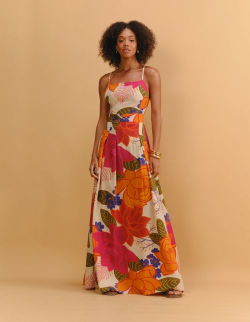 Vestido Longo Estampado Floral Color - Areia