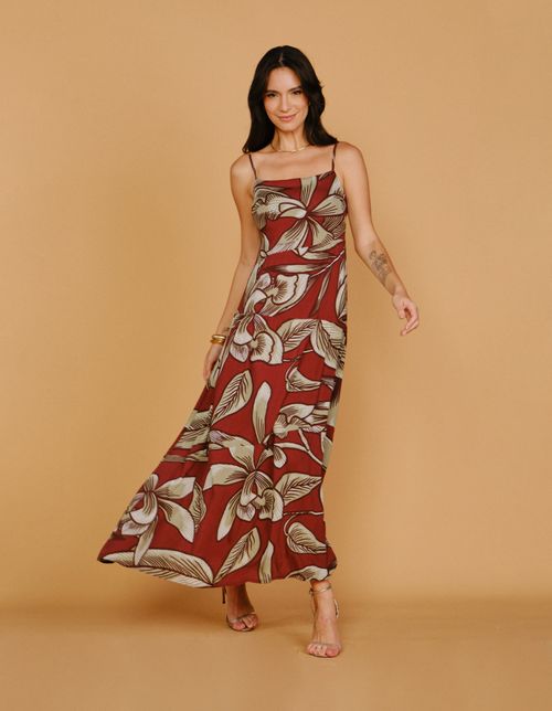 Vestido Longo Estampado Floral Souk - Vinho