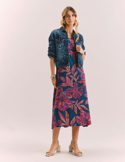 Vestido Midi Estampado Colour Flower - Azul Marinho