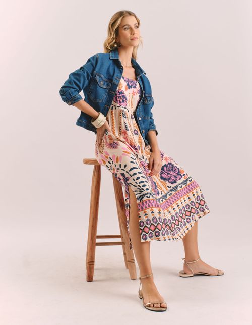 Vestido Midi Estampado Barrado Flower - Off White