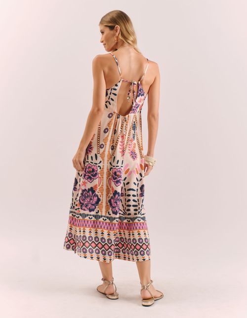 Vestido Midi Estampado Barrado Flower - Off White