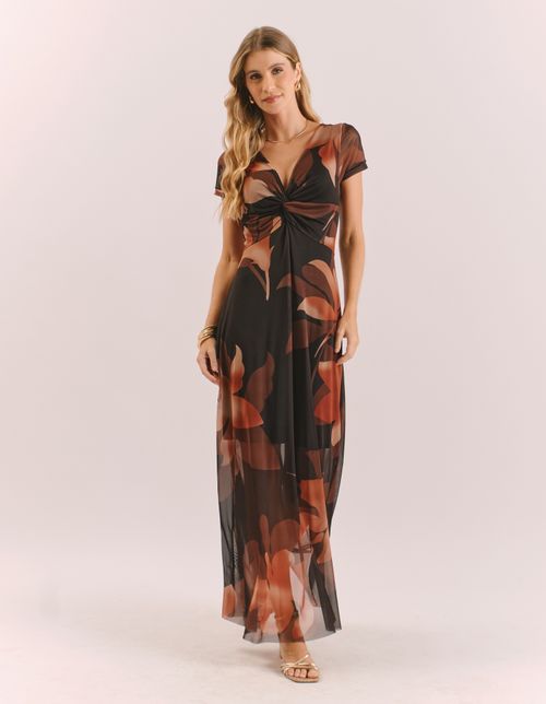 Vestido Longo Estampado Floral Terroso - Preto