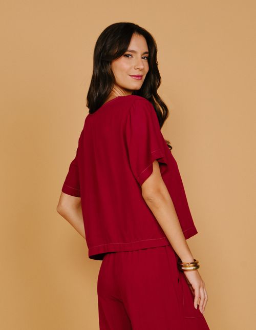 Blusa Detalhe Pespontos Contrastantes - Vinho