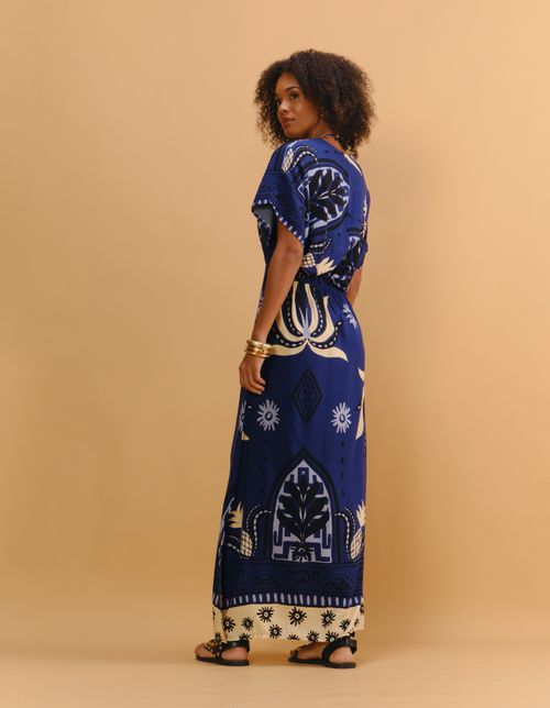 Vestido Longo Estampado Barrado Abacaxi - Azul Royal
