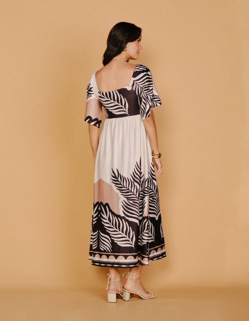 Vestido New Longo Estampado Folhagem P&b - Off White
