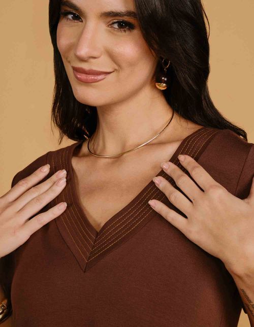 Blusa Pesponto Contraste Mangas - Marrom