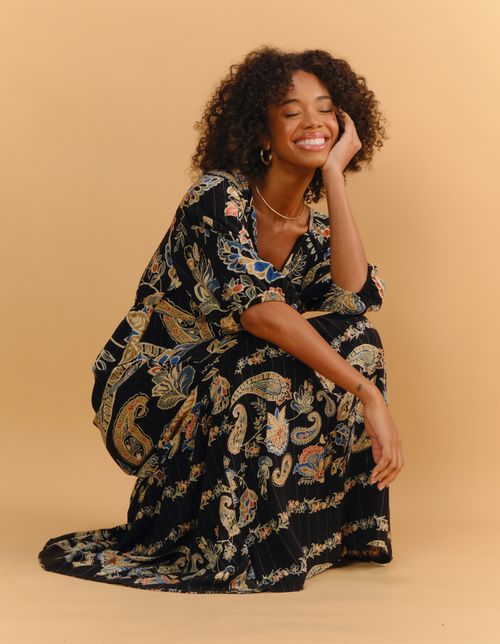 Vestido Longo Estampado Fatima Lurex - Preto