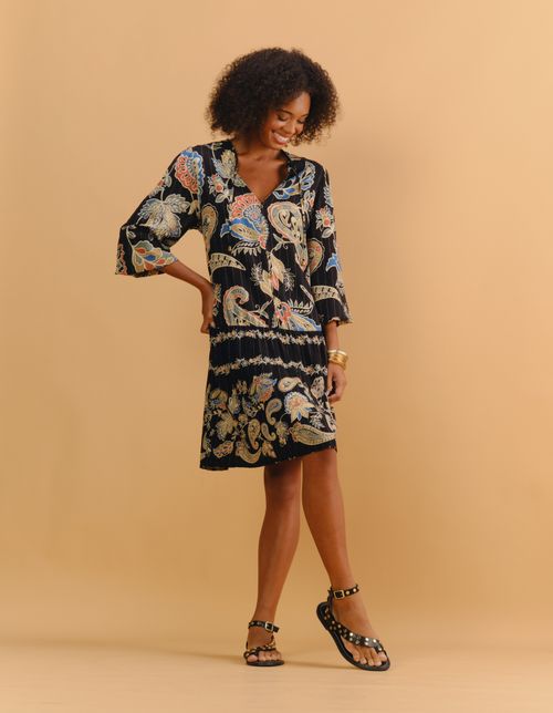 Vestido Curto Estampado Fatima Lurex - Preto
