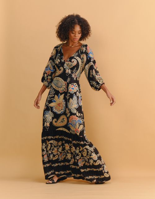 Vestido Longo Estampado Fatima Lurex - Preto