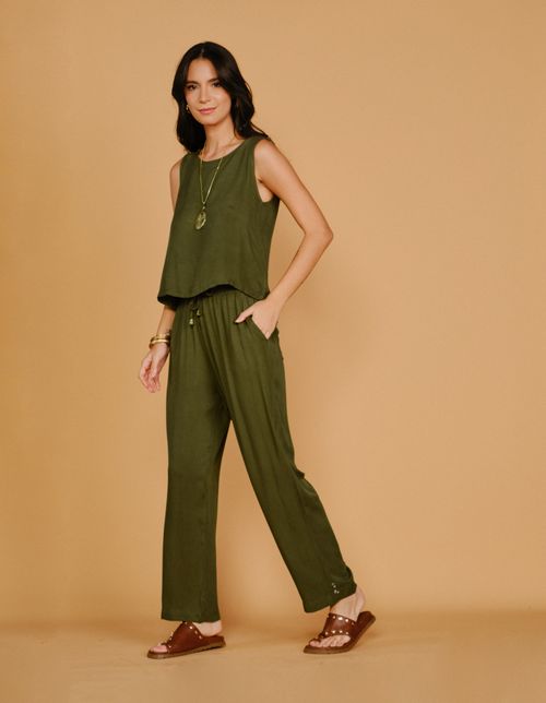 Calça Reta Cós Elástico - Verde Oliva