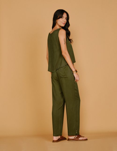 Calça Reta Cós Elástico - Verde Oliva