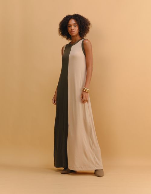 Vestido Decote Canoa Bicolor - Areia C/ Verde