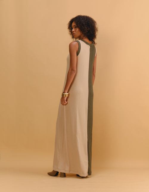 Vestido Decote Canoa Bicolor - Areia C/ Verde