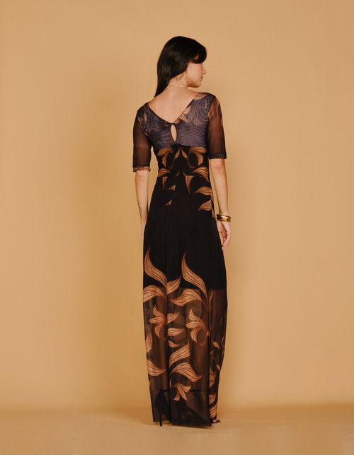 Vestido Longo Busto Nó Estampado Imperial - Preto