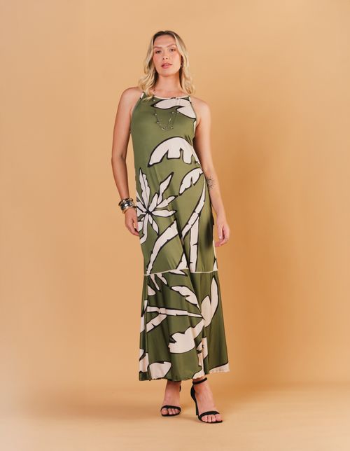 Vestido Longo Estampado Buriti - Verde Oliva