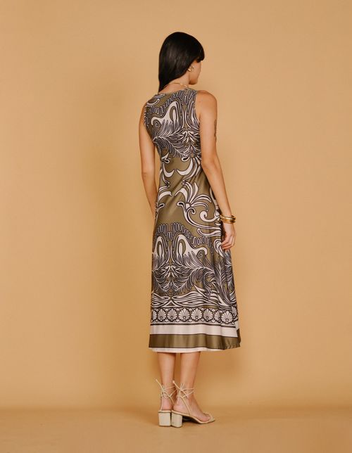 Vestido Estampado Maxi Ornamental - Verde Oliva