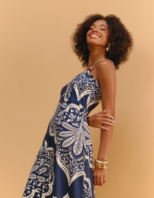 Vestido Midi Estampado Latifa - Azul Marinho