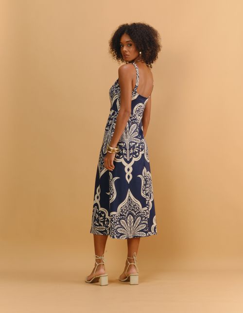 Vestido Midi Estampado Latifa - Azul Marinho