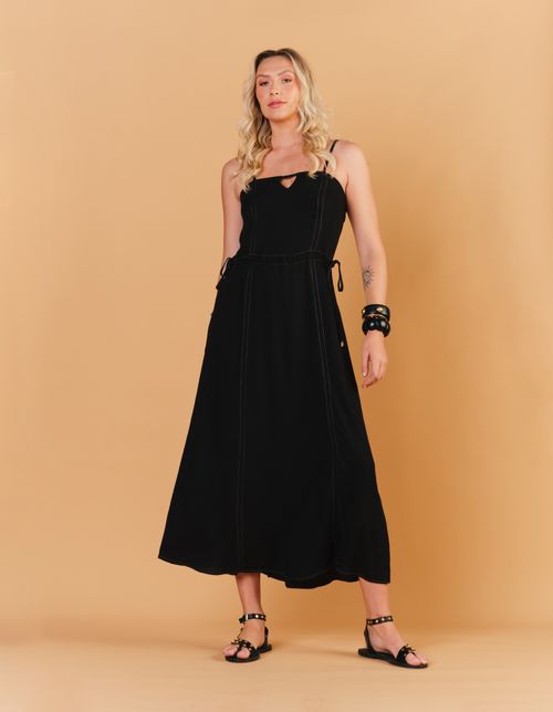 Vestido Midi Pesponto Contraste - Preto