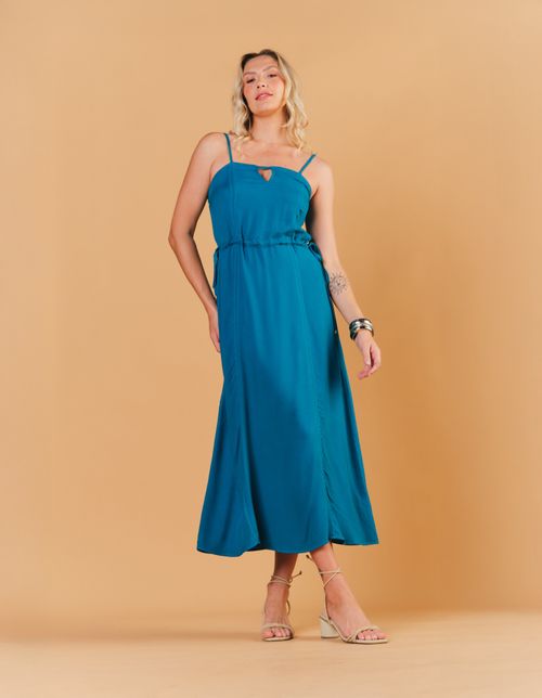 Vestido Midi Pesponto Contraste - Azul Petroleo