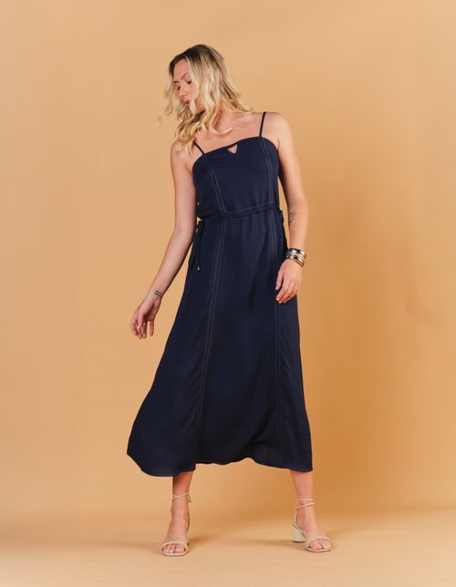 Vestido Midi Pesponto Contraste - Azul Marinho