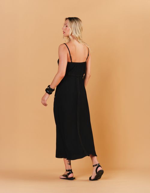 Vestido Midi Pesponto Contraste - Preto
