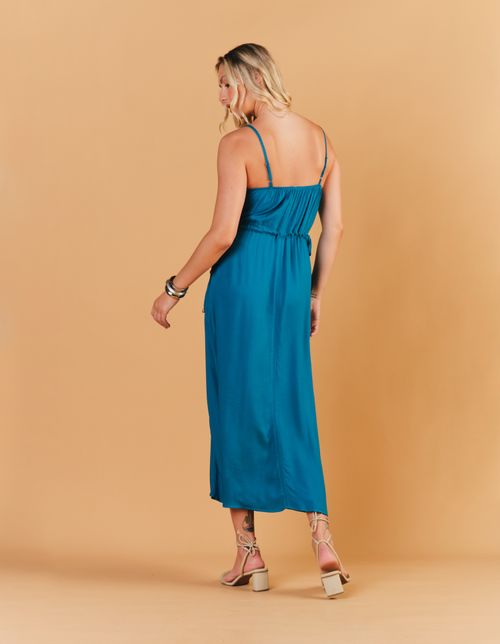 Vestido Midi Pesponto Contraste - Azul Petroleo