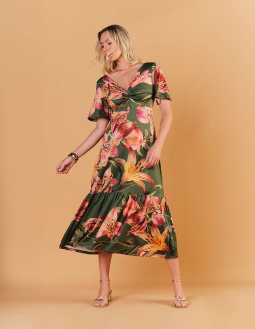 Vestido Longo Estampado Silvestre - Verde Oliva