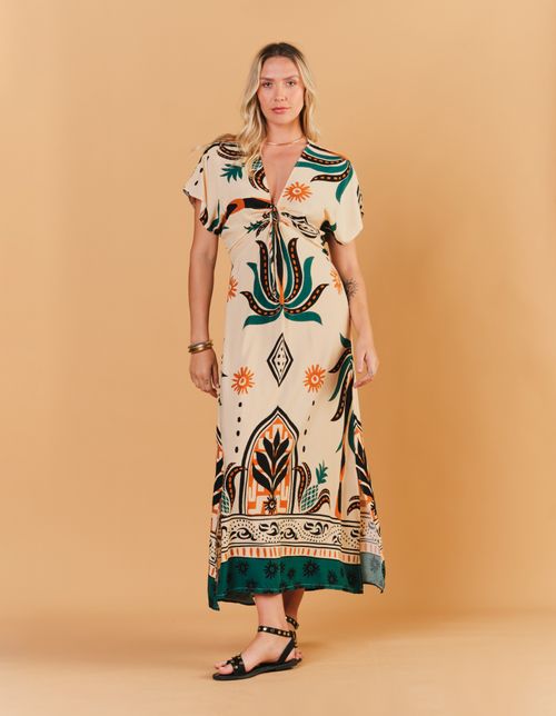 Vestido Longo Estampado Barrado Abacaxi - Verde Esmeralda