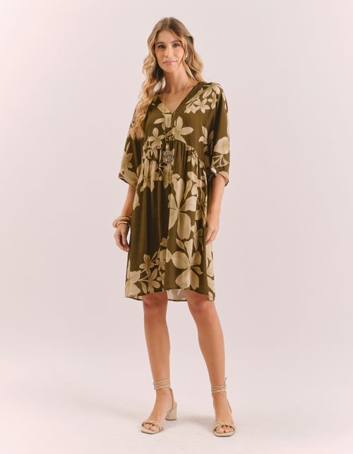 Vestido Curto Estampado Floral Pinceladas - Verde Oliva
